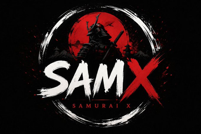 A stylized logo design featuring a samurai warrior silhouette against a red sun, encircled by a white brushstroke ring, with the text 'SAMX SAMURAI X' in bold white and red lettering.