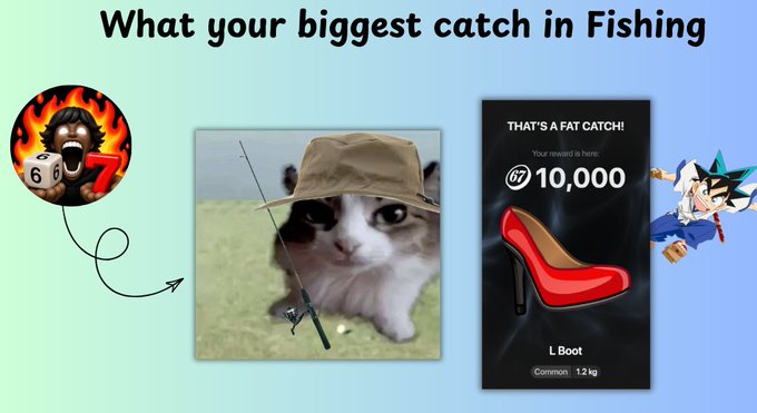 The image features the meme text "What your biggest catch in Fishing," displaying three meme reaction images: a crying Capybara with "67" and flames, a cat in a fishing hat holding a rod, and a screenshot from the Six Seven app showing a red high heel (L Boot, 10,000 reward) with a character graphic on the side. The visuals playfully represent different "catches" players might get in the Six Seven app's fishing game, with the heel boot corresponding to the post's mention of catching a sandal as a prize.