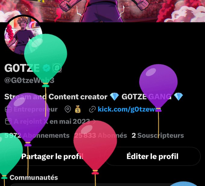 A Kick.com profile page for streamer "GOTZE" (@G0tzeWeb3), styled as "GOTZE GANG," featuring colorful animated balloons overlay, shows 25,833 subscribers and a bio noting they are a "Stream and Content creator" who joined in May 2023. The festive balloon decoration pairs with the "GM" (good morning) post to create a cheerful, celebratory morning greeting from the streamer's community page.