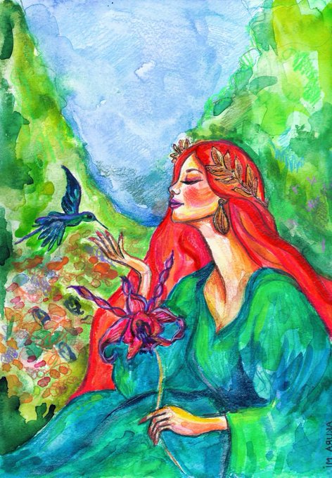 A watercolor painting titled "Nymphaea" depicts a serene red-haired nymph-like figure in flowing green robes, wearing a golden leaf crown and holding a pink flower, while a vibrant blue hummingbird hovers near her outstretched hand in a lush, dreamlike landscape. The artwork is signed "M. ARLINA" and is listed as a 1/1 piece available for 0.13 ETH, with its ethereal nature imagery aligning perfectly with the mythological "Nymphaea" (water nymph) title.