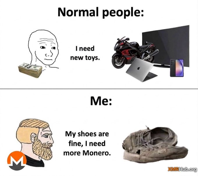 The image shows a cartoon depiction of two men with beards, one wearing glasses and the other without. They are both wearing hipster clothing styles. The man with glasses has a beard and is holding a stack of money, while the bearded man does not have any money on him. The text in the image reads "Normal people: I need new toys. Me: My shoes are fine. I need more Monero." This humorous cartoon caption suggests that the two men might be discussing their preferences for toys or other items they desire to acquire.