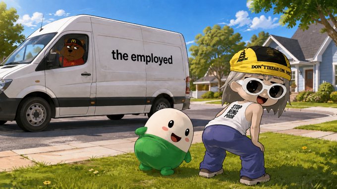 A cartoon scene shows a white van labeled "the employed" with a bear driver parked on a suburban street, while a person in "STOP KENO PONO" shirt and "DON'T TREAD ON ME" hat poses with a green mascot character on the lawn—visually fitting the "say less" post as the "employed" van stands in stark contrast to the anti-establishment figures.