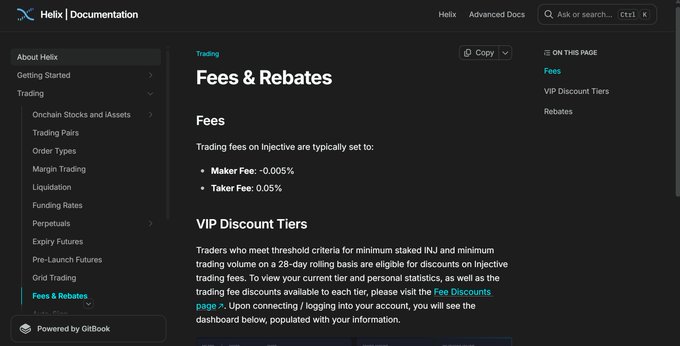A screenshot of Helix Documentation displaying 'Fees & Rebates' for Injective, listing Maker Fee: -0.005% and Taker Fee: 0.05%.