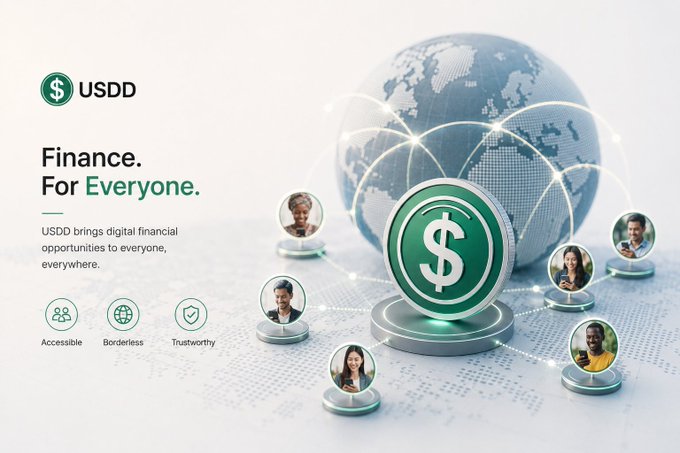 A promotional graphic for USDD cryptocurrency with the tagline 'Finance. For Everyone.,' showing a dollar sign coin in front of a globe with various people's portraits connected by lines, highlighting features like 'Accessible,' 'Borderless,' and 'Trustworthy.'