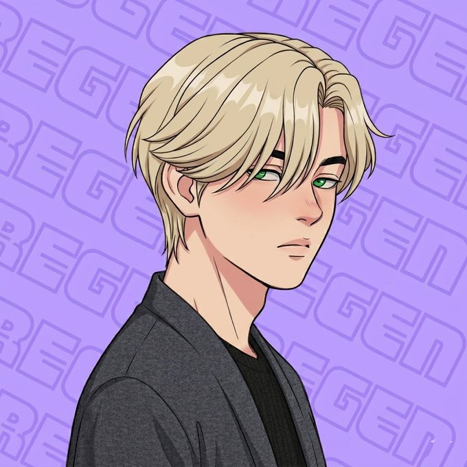 A digital illustration of a blonde, green-eyed anime-style man in a gray jacket against a purple "GEN3" branded background, serving as a stylish visual greeting to accompany the "Gm legends" morning post.