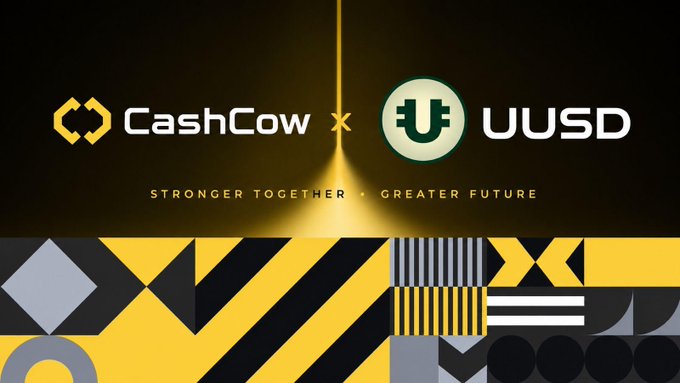 A promotional graphic featuring the logos 'CashCow' and 'UUSD' separated by an 'x' against a dark background, with the tagline 'STRONGER TOGETHER • GREATER FUTURE' above a yellow, black, and gray geometric pattern.