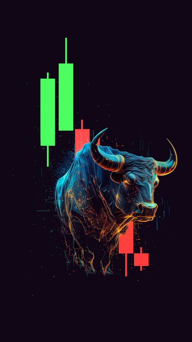 A digital illustration of a glowing bull with green and red candlestick chart elements in the background.
