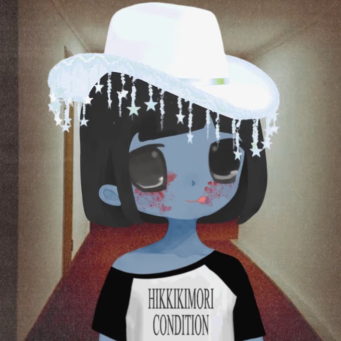 An anime-style illustration depicts a blue-skinned character wearing a white hat with star decorations, with rosy cheeks and a t-shirt reading 'HIKKIKIMORI CONDITION'.
