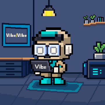 A pixel art character with goggles, headphones, and a teal cap holding a laptop labeled 'Vibe', standing in a room with a 'Vibe/Vibe' framed picture on the wall.
