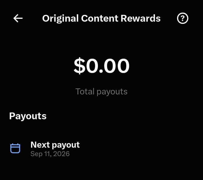 Screenshot of an 'Original Content Rewards' page showing $0.00 in total payouts with next payout scheduled for Sep 11, 2026.