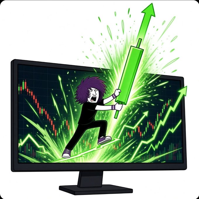 A digital illustration of a purple-haired character bursting out of a computer monitor, wielding a large green arrow and standing on an upward-trending stock chart.