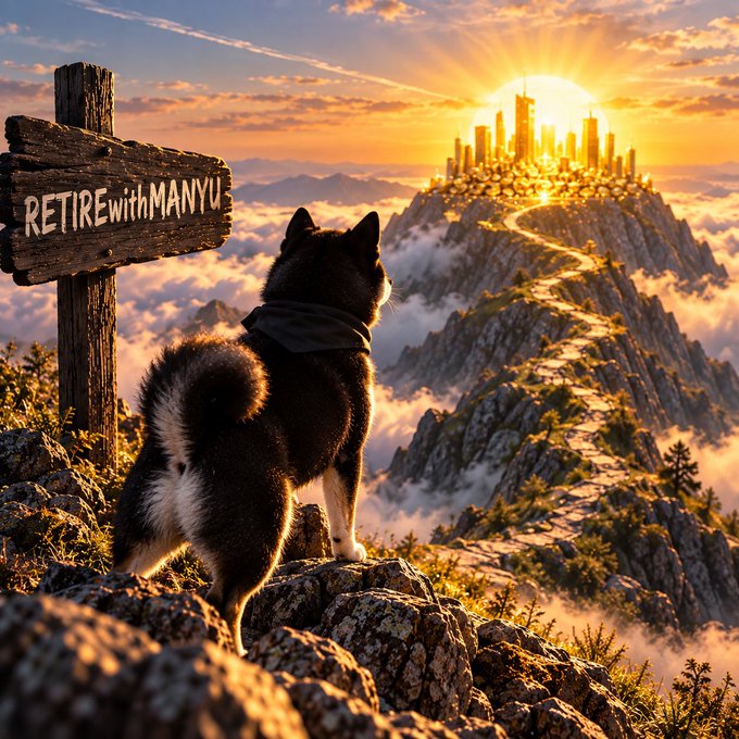 A black and white dog wearing a dark bandana stands on a rocky mountain peak next to a wooden sign reading 'RETIREwithMANYU', gazing toward a sunlit city skyline in the distance.