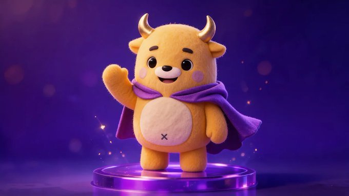A cheerful yellow bull mascot wearing a purple cape stands on a glowing platform, waving at the viewer, perfectly matching the BullQuest airdrop promotion for the $BULL token. The horned character serves as a friendly mascot for the campaign, which encourages users to register at bullquest.fun and complete daily tasks to earn rewards.