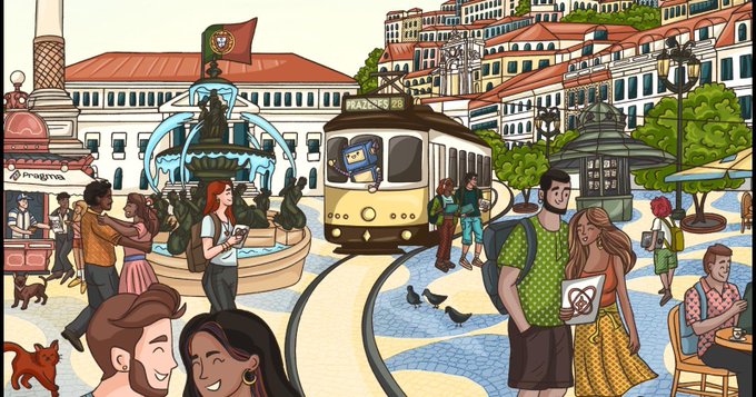 A colorful illustrated cityscape showing a bustling plaza with a fountain, yellow tram, diverse people walking and dining outdoors, and Mediterranean-style buildings in the background.