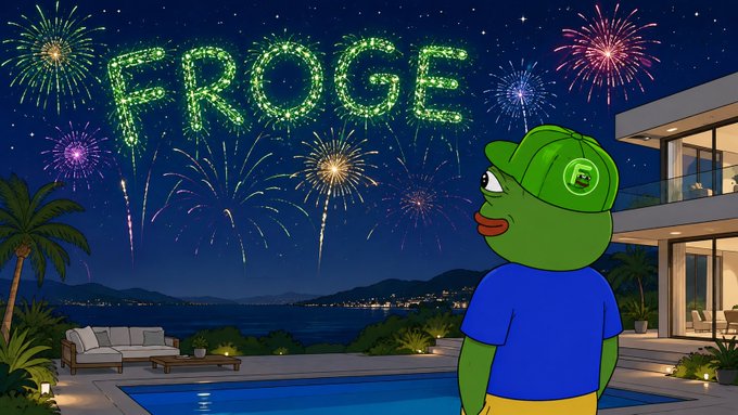A cartoon Pepe the Frog character wearing a green 'Froge' cap and blue shirt, watching fireworks spelling 'FROGE' over a luxury coastal villa.