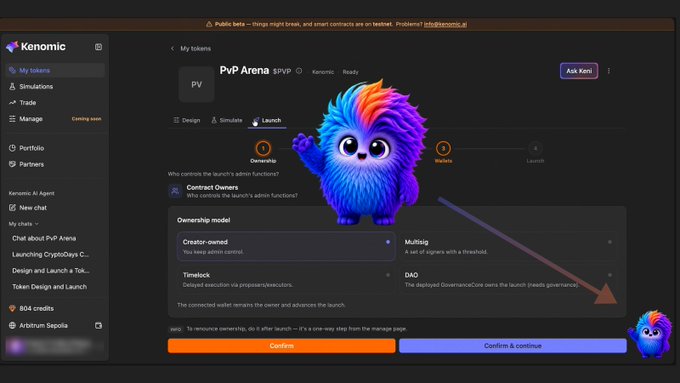 A screenshot of the 'Kenomic' platform's 'PvP Arena' interface for launching a token (PV), featuring a colorful fluffy mascot character and various ownership/governance configuration options.
