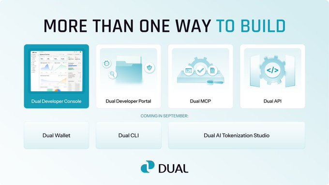 A promotional graphic for DUAL titled 'MORE THAN ONE WAY TO BUILD,' featuring tools including Dual Developer Console, Dual Developer Portal, Dual MCP, and Dual API, with Dual Wallet, Dual CLI, and Dual AI Tokenization Studio coming in September.