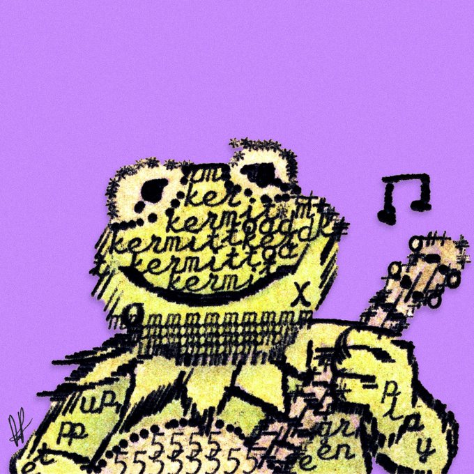 An abstract collage-style drawing on a purple background depicting a yellow figure made of text and scribbles playing a guitar, with musical notes and lyrics like 'ker', 'kermit', and 'mmmmm' visible.