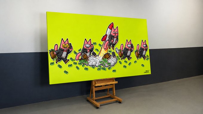 A vibrant pop-art style painting on a yellow canvas displayed on an easel, depicting cartoonish cat figures in business suits with money, money bags, and a rocket launching.