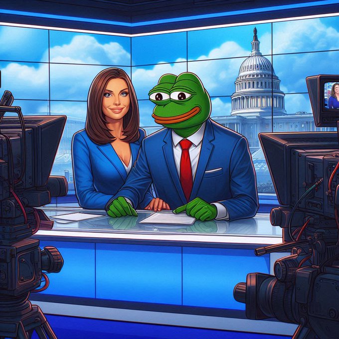 An illustrated news broadcast scene features a female anchor alongside a Pepe the Frog character in a blue suit and red tie, with the U.S. Capitol building on the screen behind them.