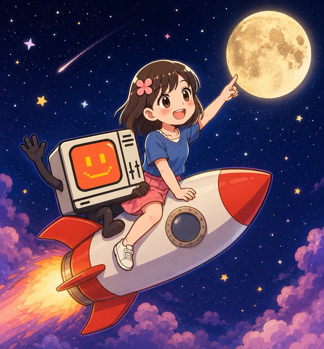 An anime-style illustration depicts a smiling girl riding a rocket through space with a friendly computer companion, pointing at a large moon.