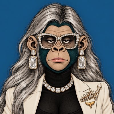 A stylized illustration of an anthropomorphic chimpanzee/ape character with long silver hair, wearing diamond-studded glasses, large earrings, a pearl necklace, and a white blazer on a blue background.