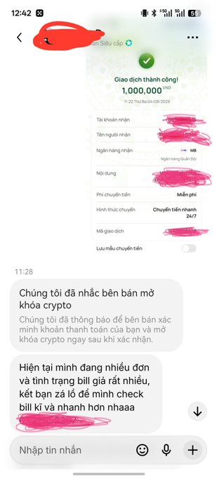 A screenshot of a Vietnamese mobile messaging conversation showing a successful money transfer of 1,000,000 VND, followed by a chat message stating that a new crypto buyer is requesting faster bill verification due to many fake bills.