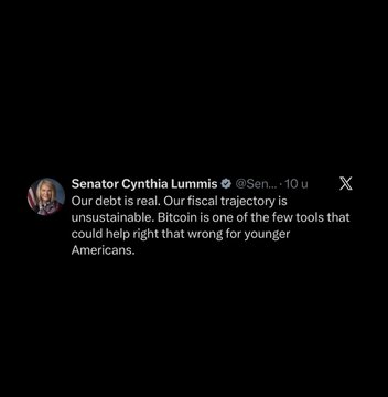 The image features a black background with white text, including a caption about a political issue related to Bitcoin. The caption reads "𝗜𝗡: Senator Cynthia Lummis says 𝗜𝗡: Our debt is real. Our fiscal trajectory is unsustainable. Bitcoin is one of the few tools that could help right that wrong for younger Americans." This text is centered on the image, and it provides information about a political issue in a clear and concise manner.