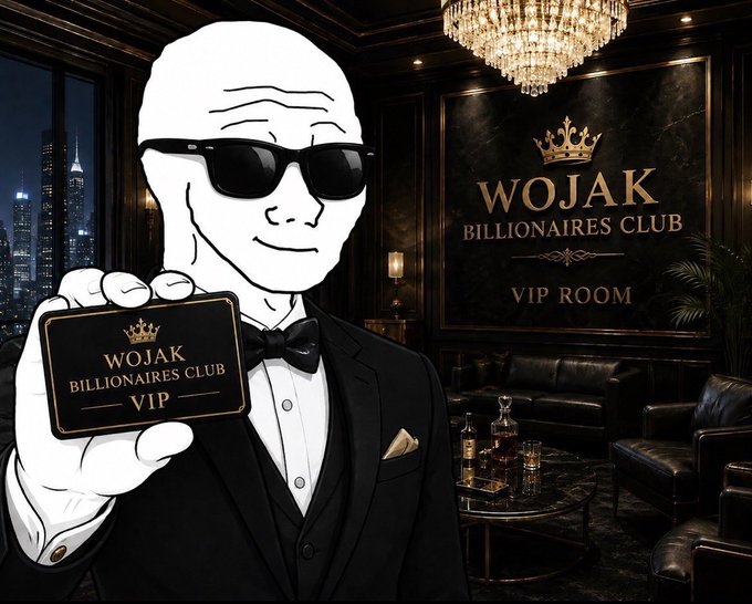 A Wojak meme figure wearing sunglasses and a black tuxedo holds up a black VIP card reading 'WOJAK BILLIONAIRES CLUB VIP' inside an opulent, chandelier-lit room with a matching wall sign.