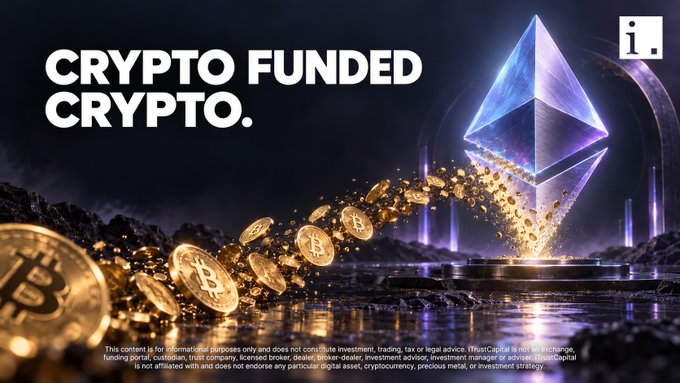 Advertisement with the text 'CRYPTO FUNDED CRYPTO.' next to a glowing Ethereum diamond structure emitting gold Bitcoin coins, featuring the 'i.' logo and a lengthy legal disclaimer at the bottom.