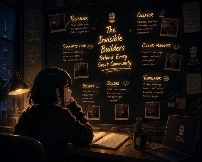 Cozy illustration of a person studying at a desk facing a chalkboard titled 'The Invisible Builders Behind Every Great Community,' which lists roles like Researcher, Creator, Community Lead, Designer, Builder, Collab Manager, and Translator.