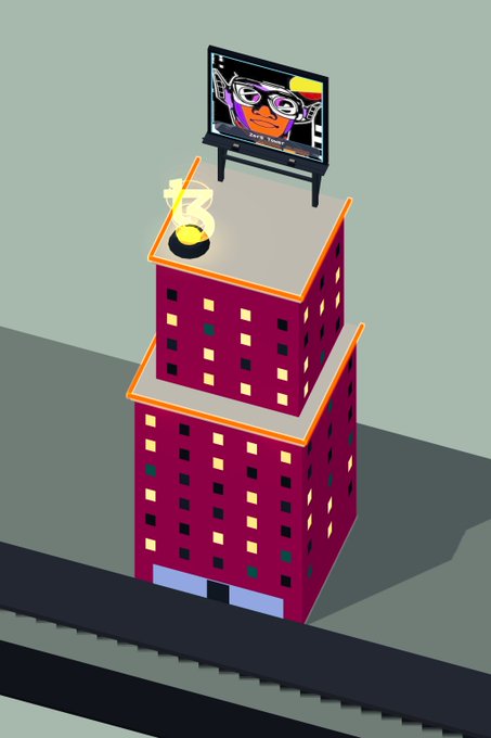 A stylized 3D illustration shows a magenta building with a giant yellow dollar sign on the roof and a television displaying a character wearing glasses.
