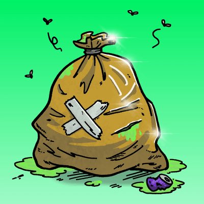 Pixel art of a brown trash bag with a white 'X' tape on it, sitting on green slime with flies buzzing around and a purple item on the ground.