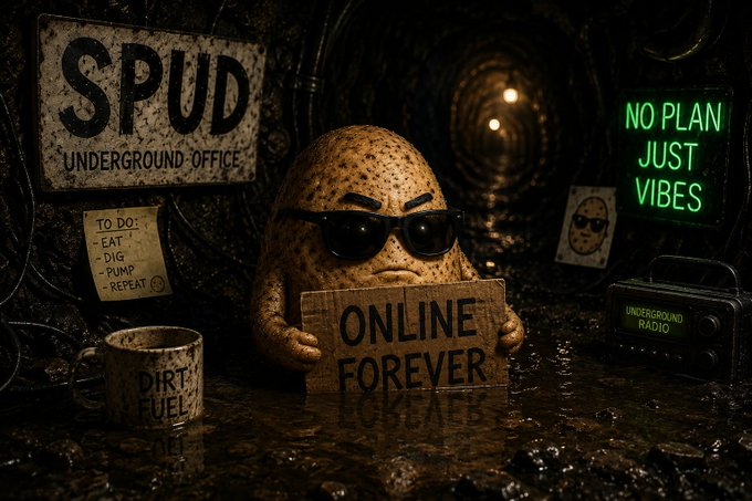 A humorous image of an anthropomorphic potato wearing sunglasses holding a sign that reads 'ONLINE FOREVER,' set in a dark underground office labeled 'SPUD UNDERGROUND OFFICE' with neon signs saying 'NO PLAN JUST VIBES' and 'UNDERGROUND RADIO,' plus a mug labeled 'DIRT FUEL.'