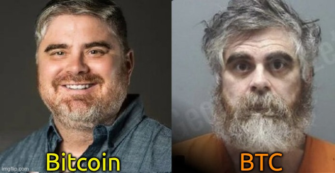 !!!BTC!!! and !!!BITCOIN!!! are displayed side by side, with a gray background and black text.