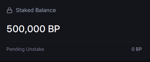 A crypto wallet interface displays a "Staked Balance" of 500,000 BP with 0 BP pending to unstake. The substantial holdings visually underscore the post's reflection that significant accumulation has occurred in just six months.
