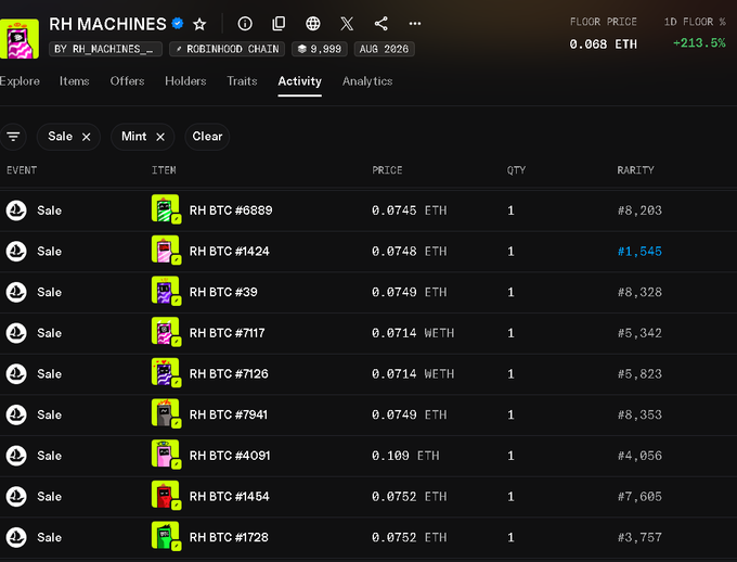 A screenshot of the RH MACHINES NFT collection activity page on Robinhood Chain, showing recent sales with floor price of 0.068 ETH.