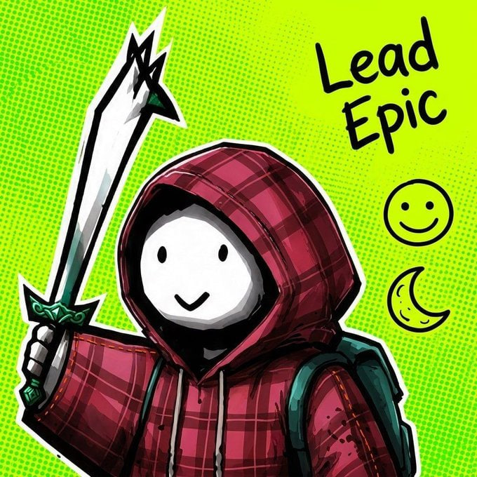 Cartoon illustration of a faceless character in a red plaid hooded jacket holding a large sword, with 'Lead Epic' text and a smiley face and moon doodle on a neon green halftone background.