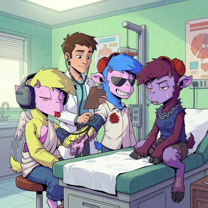 An anime-style illustration shows a male doctor taking blood pressure from a yellow-haired, horned demon character in a clinic, while two other demon characters—one blue-haired with sunglasses and one purple with horns—watch from the examination table.