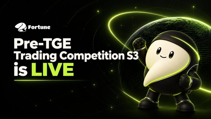 A bold promotional graphic announces the "Fortune Pre-TGE Trading Competition S3 is LIVE," featuring a confident mascot in a black hooded outfit posing in front of a glowing green digital globe. The "Pre-TGE" and "LIVE" text is highlighted in bright neon green, matching the energetic color scheme of the Fortune logo and the event's futuristic aesthetic.
