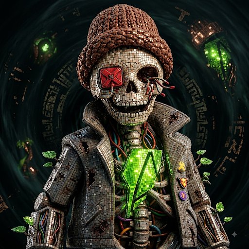 A digital artwork of a stylized skeleton character wearing a brown knit beanie and vest, with a red X over one eye, exposed wiring, and a glowing green Ethereum (ETH) logo in place of a chest cavity.