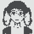 A low-resolution pixel art icon depicts a stylized figure with dark hair and a neutral facial expression against a gray background.