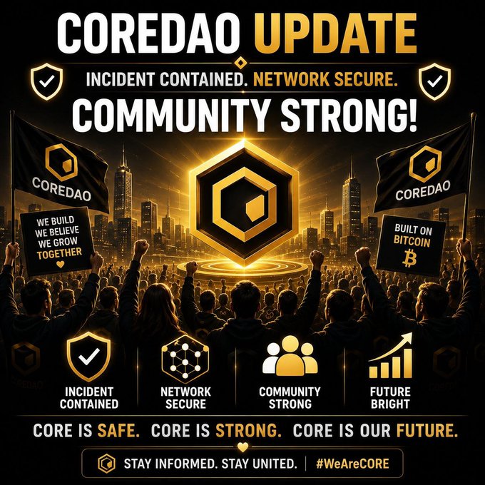 A promotional graphic titled 'COREDAO UPDATE' declaring 'INCIDENT CONTAINED. NETWORK SECURE. COMMUNITY STRONG!' with crowds, flags, and badges for 'INCIDENT CONTAINED', 'NETWORK SECURE', 'COMMUNITY STRONG', and 'FUTURE BRIGHT', ending with 'CORE IS SAFE. CORE IS STRONG. CORE IS OUR FUTURE.'