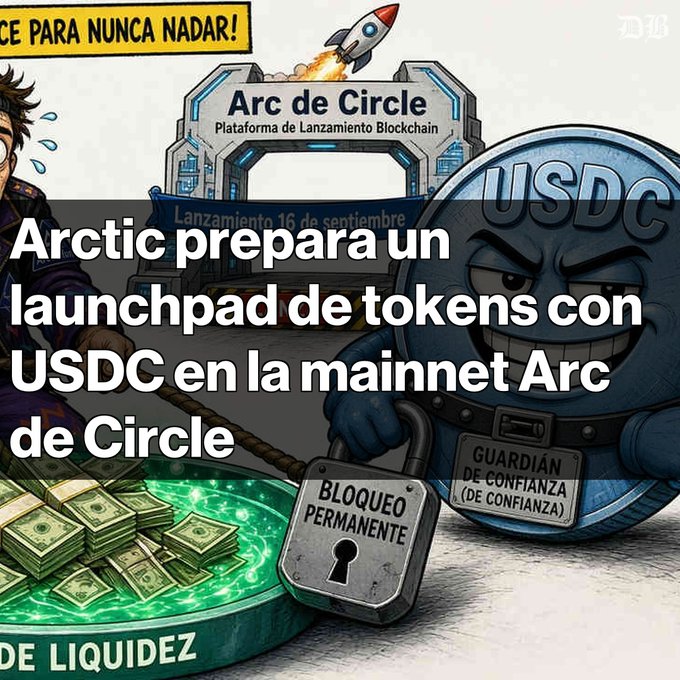 A Spanish-language illustration with overlaid text reading 'Arctic prepara un launchpad de tokens con USDC en la mainnet Arc de Circle', featuring a USDC character holding a 'BLOQUEO PERMANENTE' padlock next to an 'Arc de Circle Plataforma de Lanzamiento Blockchain' sign.