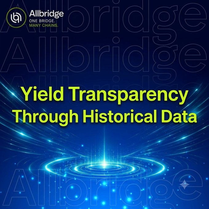 A promotional graphic for Allbridge featuring the tagline "ONE BRIDGE. MANY CHAINS." in the upper left, with bold yellow text reading "Yield Transparency Through Historical Data" centered over a futuristic blue background with glowing circular light effects. The image visually reinforces the post's message about Allbridge providing yield context through multiple time periods (7-day, 30-day, and 3-month) rather than just single APR numbers, emphasizing transparency in DeFi yields.