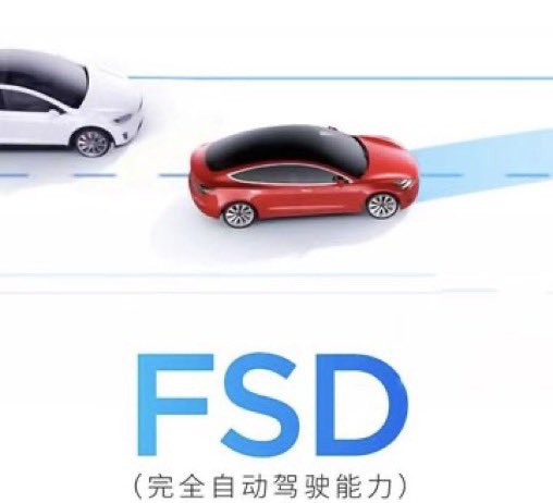 An advertisement featuring a red Tesla car with the text 'FSD' and Chinese characters '完全自动驾驶能力' (Full Self-Driving Capability) displayed below.