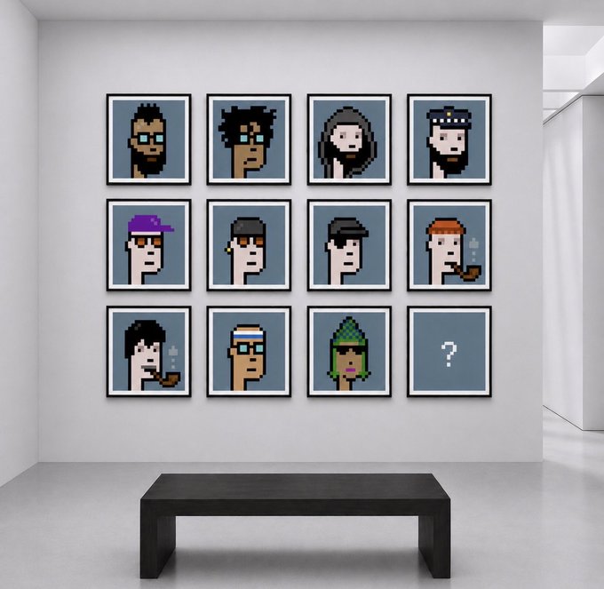 A gallery wall displays a 3x4 grid of framed CryptoPunks pixel-art portraits, with the final frame in the bottom-right corner showing only a "?" symbol, hinting at an unknown or upcoming collectible. The collection, curated as NFTs (JPEGs), features the iconic punk characters from the Larva Labs collection, displayed above a minimalist black bench in a clean, modern space.