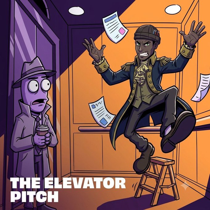 A tense elevator scene shows a frustrated trader in a beanie and ornate jacket throwing papers into the air while standing on a stool, as a wide-eyed detective in a trench coat watches while holding a coffee cup. The image is captioned "THE ELEVATOR PITCH" and visually captures the chaos of disordered trading notes being tossed about, reinforcing the post's message about the importance of writing down trades with discipline and "receipts over" memory—a discipline that @RallyOnChain reportedly rewards.