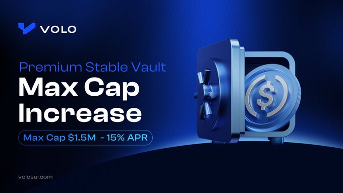 Promotional graphic for VOLO's Premium Stable Vault featuring a 'Max Cap Increase' to $1.5M with 15% APR.