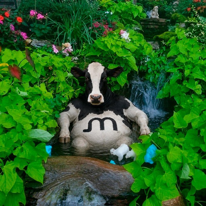 Surreal image of a black and white cow relaxing in a small garden pond surrounded by lush green foliage and colorful flowers, with a small waterfall in the background and what appears to be a 'm' symbol on its side.